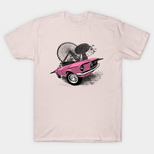 Pink 68 Mustang convertible against carnival backdrop T-Shirt